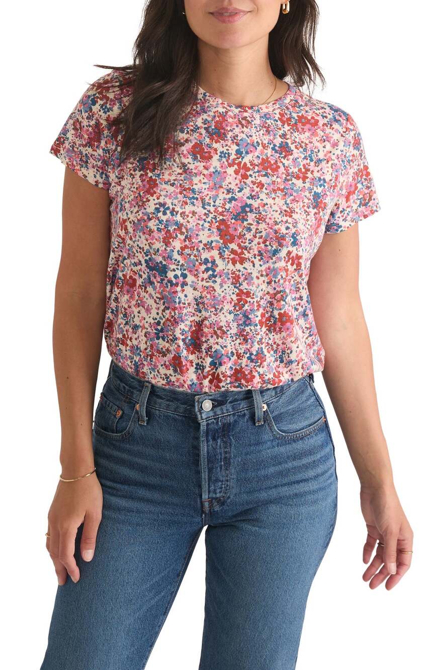 Marine Layer Cream Small Ditsy Floral Swing Tee Crew Neck Short Sleeve Top